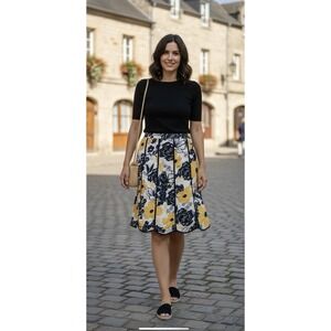 Tease Womens Floral Pleated A-Line Skirt Yellow Navy XL Spring Summer Midi